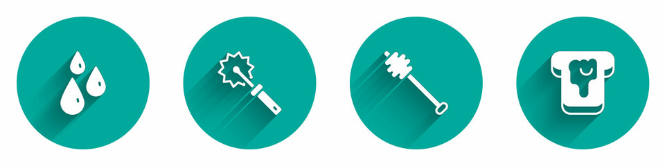 Set Drops of honey, Cutter roll for, Honey dipper stick and Bread with icon with long shadow. Vector