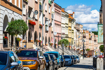 Bolkow, Poland - August 08, 2021. Houses in Main square - Rynek - in Summer