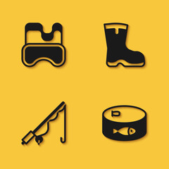 Set Diving mask, Canned fish, Fishing rod and boots icon with long shadow. Vector