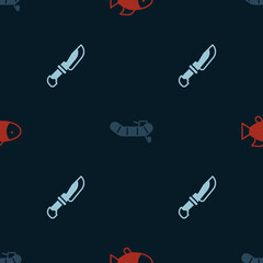 Set Fish, Inflatable boat with motor and Knife on seamless pattern. Vector