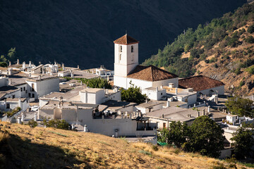 Elevated view of the village of Capileira in the morning light, Las Alpujarras, Sierra Nevada...