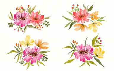 Collection of Pink and yellow Flower decoration arrangement hand painted watercolor illustration