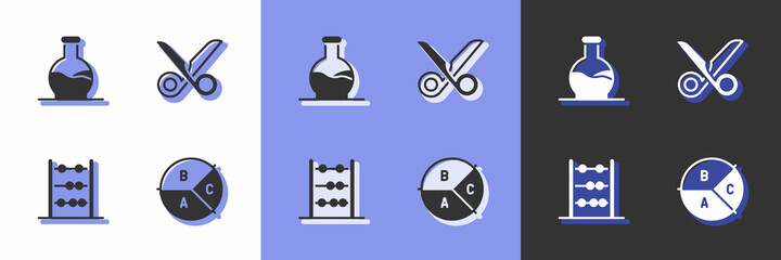 Set Pie chart infographic, Test tube, Abacus and Scissors icon. Vector