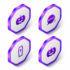 Set Isometric Pumpkin, Boo speech bubble, Coffin with christian cross and icon. Purple hexagon button. Vector