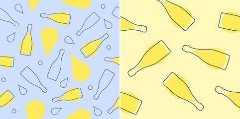 Champagne bottles with alcohol drop seamless pattern. Line art style. Outline image. Two repeat template. Party drinks. Color Illustration on white background. Flat design style for any purposes
