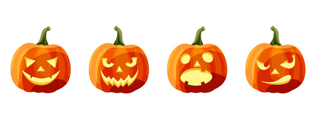 Vector set of four jack-o'-lanterns (Halloween pumpkins) isolated on a white background. - obrazy, fototapety, plakaty