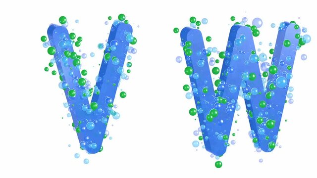 3d animation of alphabet with spheres, transparent bubbles, moving around the separate letters. From the letter V to U, the numbers and special signs. The color blue.
