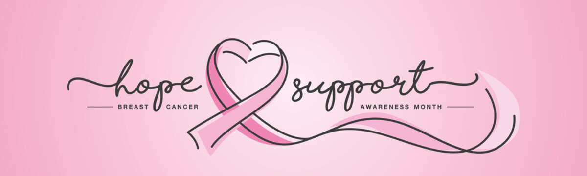 Hope support handwritten line design typography breast cancer awareness month creative pink ribbon symbol and background vector illustration banner