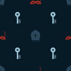 Set Carnival mask, Pope hat and Old key on seamless pattern. Vector