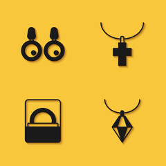 Set Earrings, Pendant on necklace, Diamond engagement box and Christian cross chain icon with long shadow. Vector