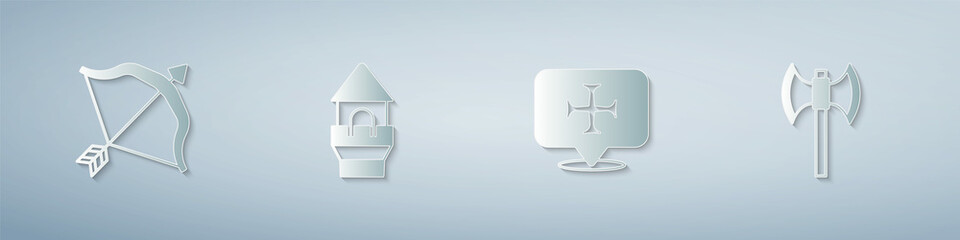 Fototapeta premium Set Medieval bow and arrow, Castle tower, Crusade and poleaxe. Paper art style. Vector