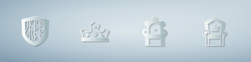 Set Shield, King crown, Medieval throne and . Paper art style. Vector