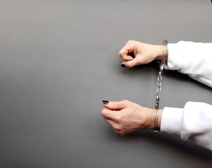 An arrested woman in handcuffs on a gray background.