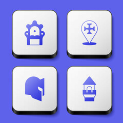 Set Medieval throne, Crusade, helmet and Castle tower icon. White square button. Vector