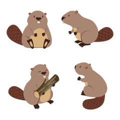 Cute cartoon beavers set. Vector illustration of animals.