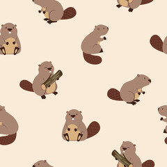 Cute beavers seamless pattern for kids. Vector illustration. - obrazy, fototapety, plakaty