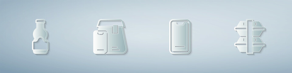Set Sauce bottle, Online ordering food, Food on mobile and Lunch box. Paper art style. Vector