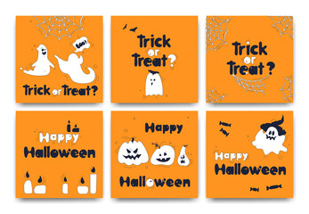 Set of banners for Halloween on an orange background. Ghosts, pumpkins with muzzles, cobwebs, bats, candles, candies drawn in a cartoon style. Flat vector illustration. Lettering.