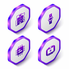 Set Isometric Futuristic sliding doors, Wrist watch, Processor CPU and First aid kit icon. Purple hexagon button. Vector