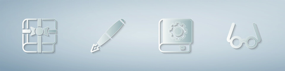 Set Book as a gift, Fountain pen nib, User manual and Glasses. Paper art style. Vector