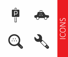Set Wrench spanner, Parking, Search taxi and Taxi car icon. Vector