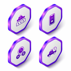 Set Isometric Taxi service rating, mobile app, waiting time and icon. Purple hexagon button. Vector