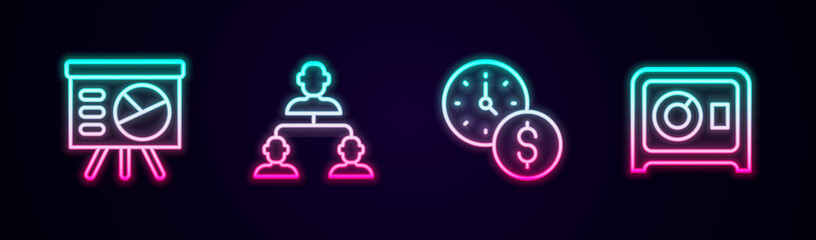 Set line Board with graph, Employee hierarchy, Time is money and Safe. Glowing neon icon. Vector