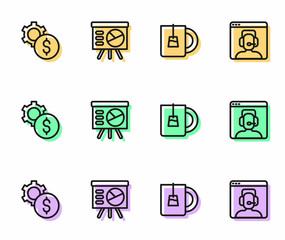 Set line Cup of tea, Gear with dollar symbol, Board graph and Telephone 24 hours support icon. Vector