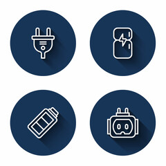 Set line Electric plug, Refrigerator, Battery charge and Tee electric with long shadow. Blue circle button. Vector