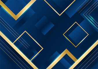 Dark blue background with gold shiny line elements for presentation background. Abstract template dark blue luxury premium background with luxury geometric pattern and gold lighting lines