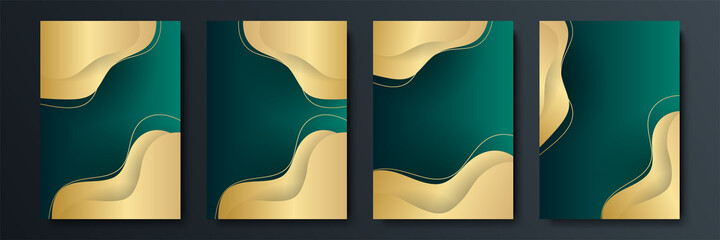 Design of vector minimalistic covers with gradient and geometric intersecting line shapes. Dark green and gold banner design. Modern cover templates set