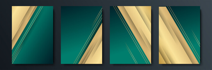 Design of vector minimalistic covers with gradient and geometric intersecting line shapes. Dark green and gold banner design. Modern cover templates set