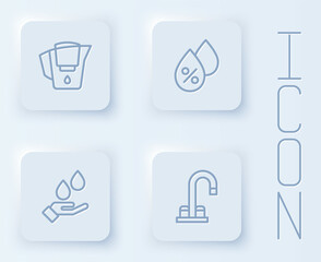 Set line Water jug with filter, drop percentage, Washing hands soap and tap. White square button. Vector