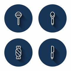 Set line Lollipop, Spoon, Candy and Knife with long shadow. Blue circle button. Vector