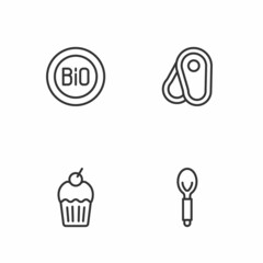 Set line Spoon, Muffin, Banner for bio and Steak meat icon. Vector