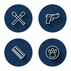 Set line Burning match with fire, Pistol or gun, Hunting cartridge belt and Paw search with long shadow. Blue circle button. Vector