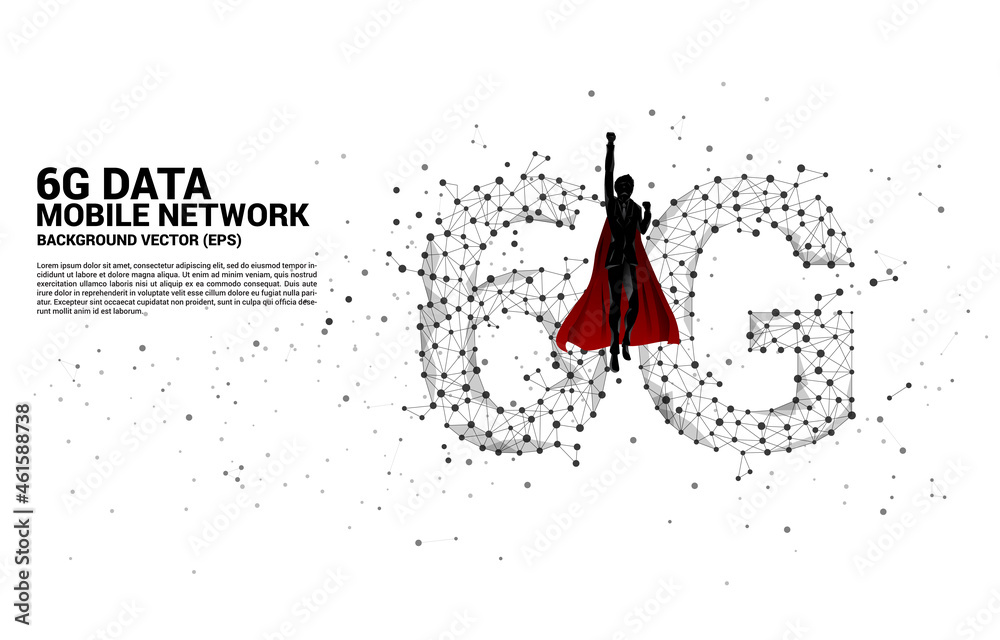 Poster superhero with polygon dot connect line shaped 6g mobile network. concept for mobile phone data tech