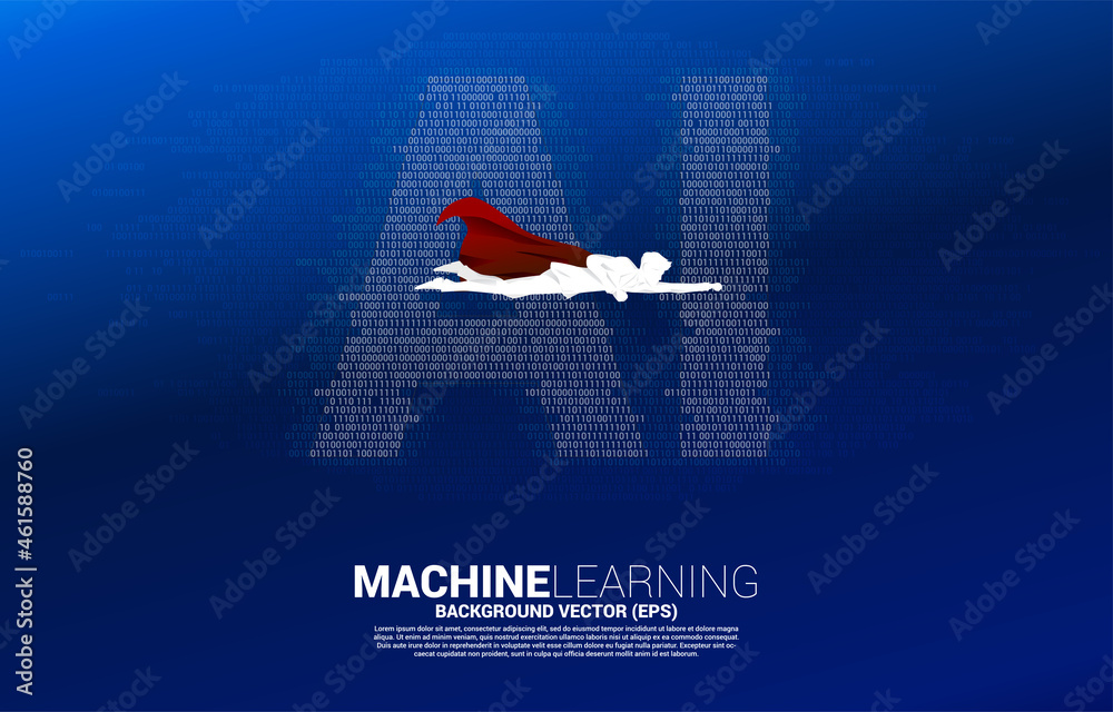 Poster Superhero with AI from one and zero binary code digit matrix style. concept of machine learning and Artificial Intelligence technology