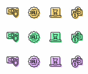 Set line Shopping cart on screen laptop, Money with shield, Price tag Sale and Stacks paper money cash icon. Vector