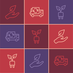 Set line Leaf in hand, Electric saving plug leaf and Garbage truck icon. Vector