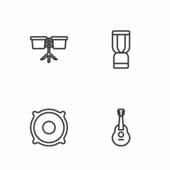 Set line Guitar, Stereo speaker, Bongo drum and African djembe icon. Vector
