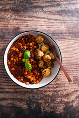 vegan bean chilli and roast potatoes,, healthy plant-based food