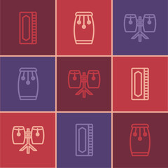 Set line Harmonica, Conga drums and icon. Vector