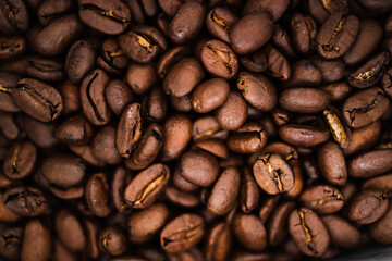 close-up of coffee beans in packaging bag, simple ingredients concept