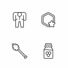 Set line Jar of honey, Honey dipper stick, Beekeeper costume and Honeycomb icon. Vector