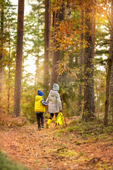 Fototapeta premium children walk along the road in the autumn forest