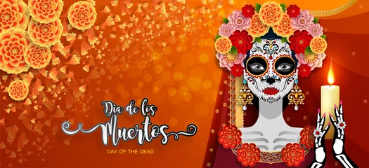 Fotobehang Day of the dead, Dia de los muertos, sugar skull with marigold flowers wreath on paper black color Background. © Siam Vector
