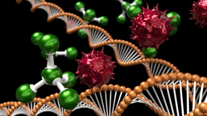 Green Molecular structure, orange DNA model structure and red virus under black Background. Concept image of Genetic Test. 3D illustration. 3D high quality rendering. 3D CG.