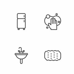 Set line Sponge, Washbasin, Refrigerator and icon. Vector