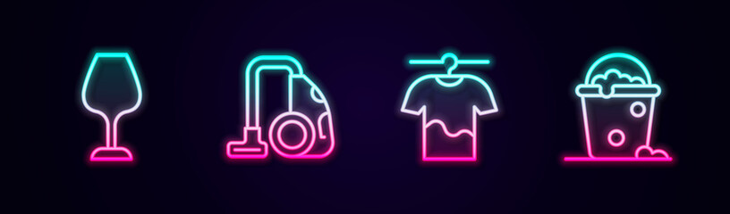 Set line Wine glass, Vacuum cleaner, Drying clothes and Bucket with foam and bubbles. Glowing neon icon. Vector
